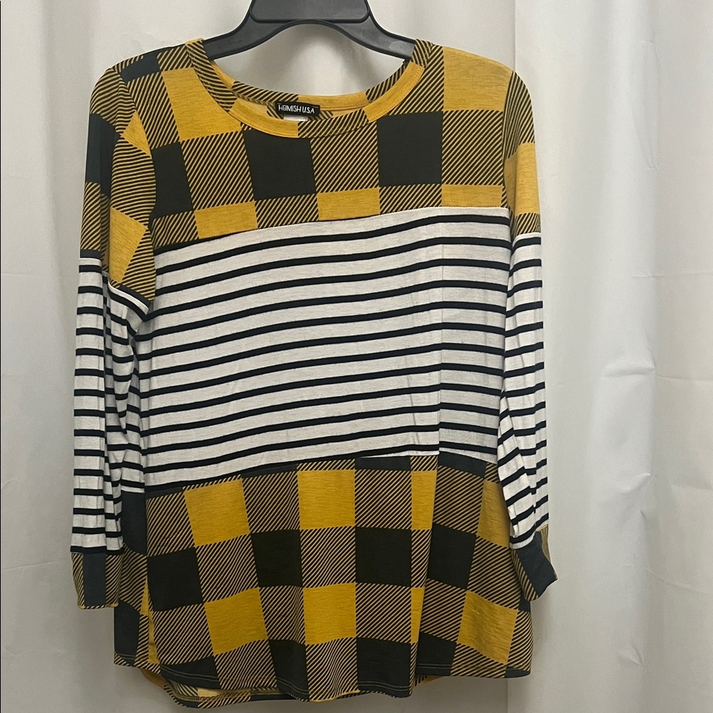 Heimish Black/Mustard Plaid Long Sleeve Top w/ Stripe Color Block